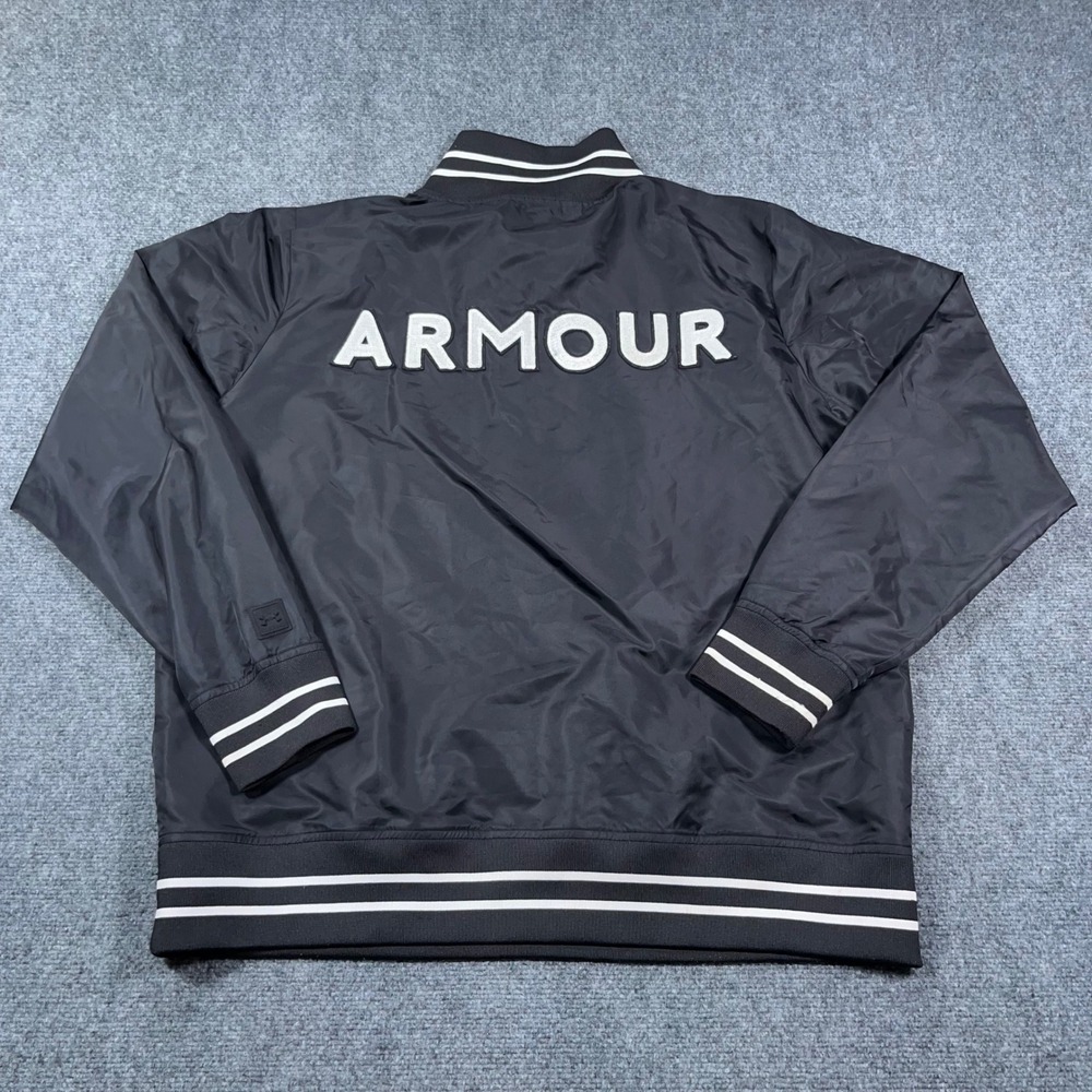 Under Armour Varsity Bomber Jacket Men XL SpellOut Black Nylon Soft Shell Street